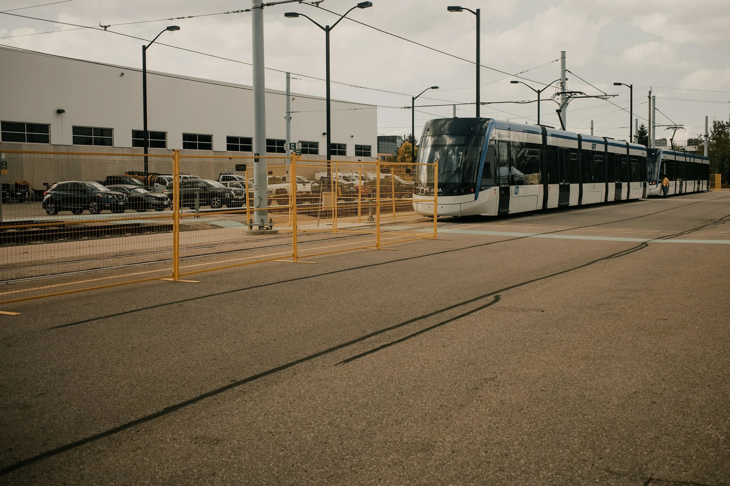 The GRT LRT, light rail transit, on a road in Waterloo, ON