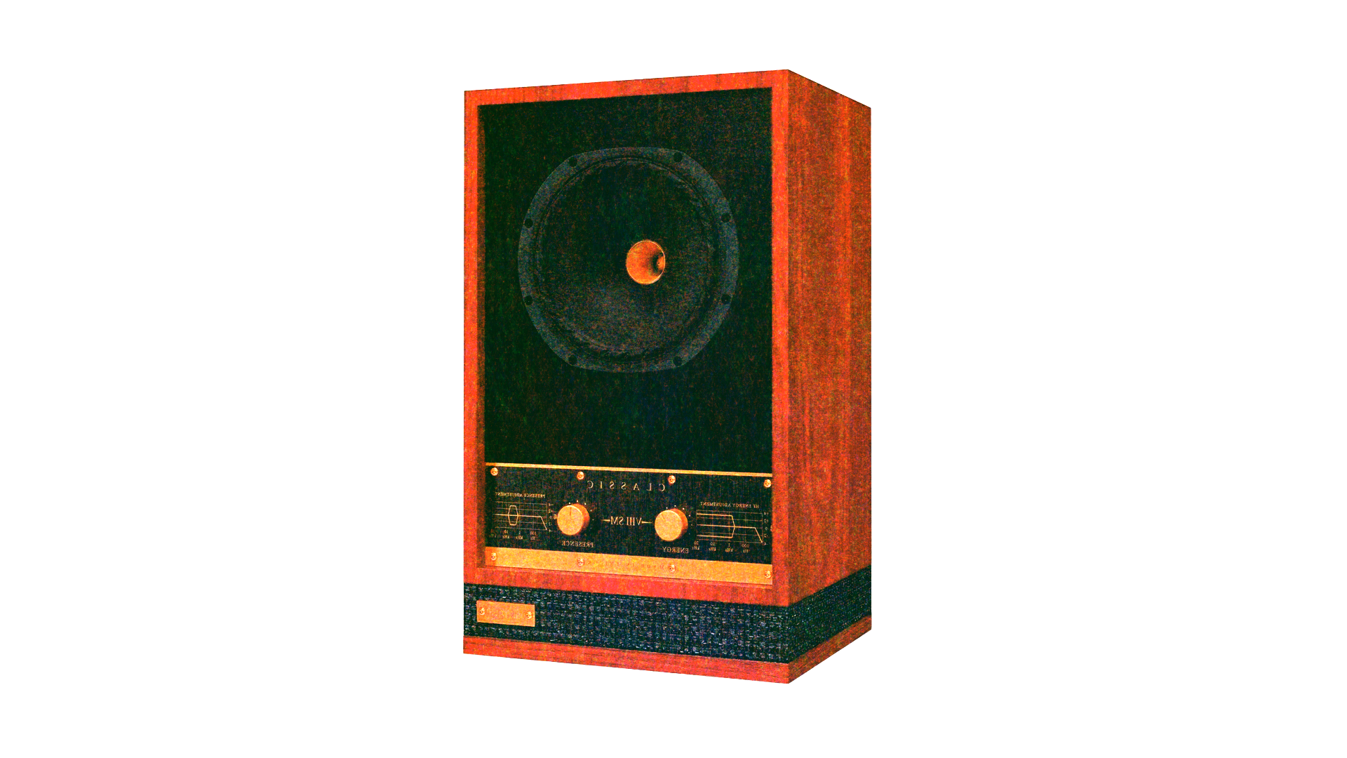 Risograph of a vintage wooden audio speaker with control knobs and meters on the front panel.