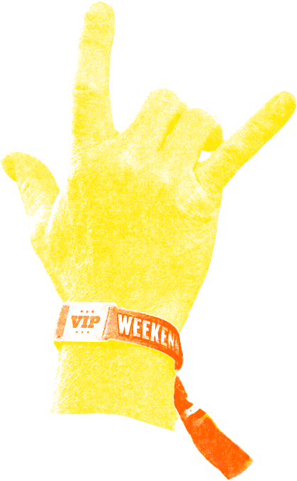 A risograph of a yellow hand making a rock and roll gesture with the index and pinky fingers raised. The wrist has a red and white wristband that says "VIP WEEKEND."