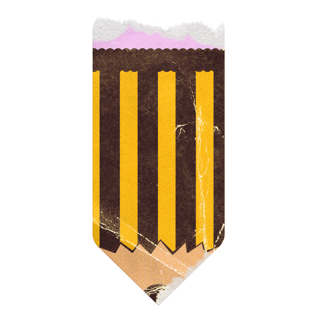 A sticker of a classic looking school pencil, extra wide, and damaged.