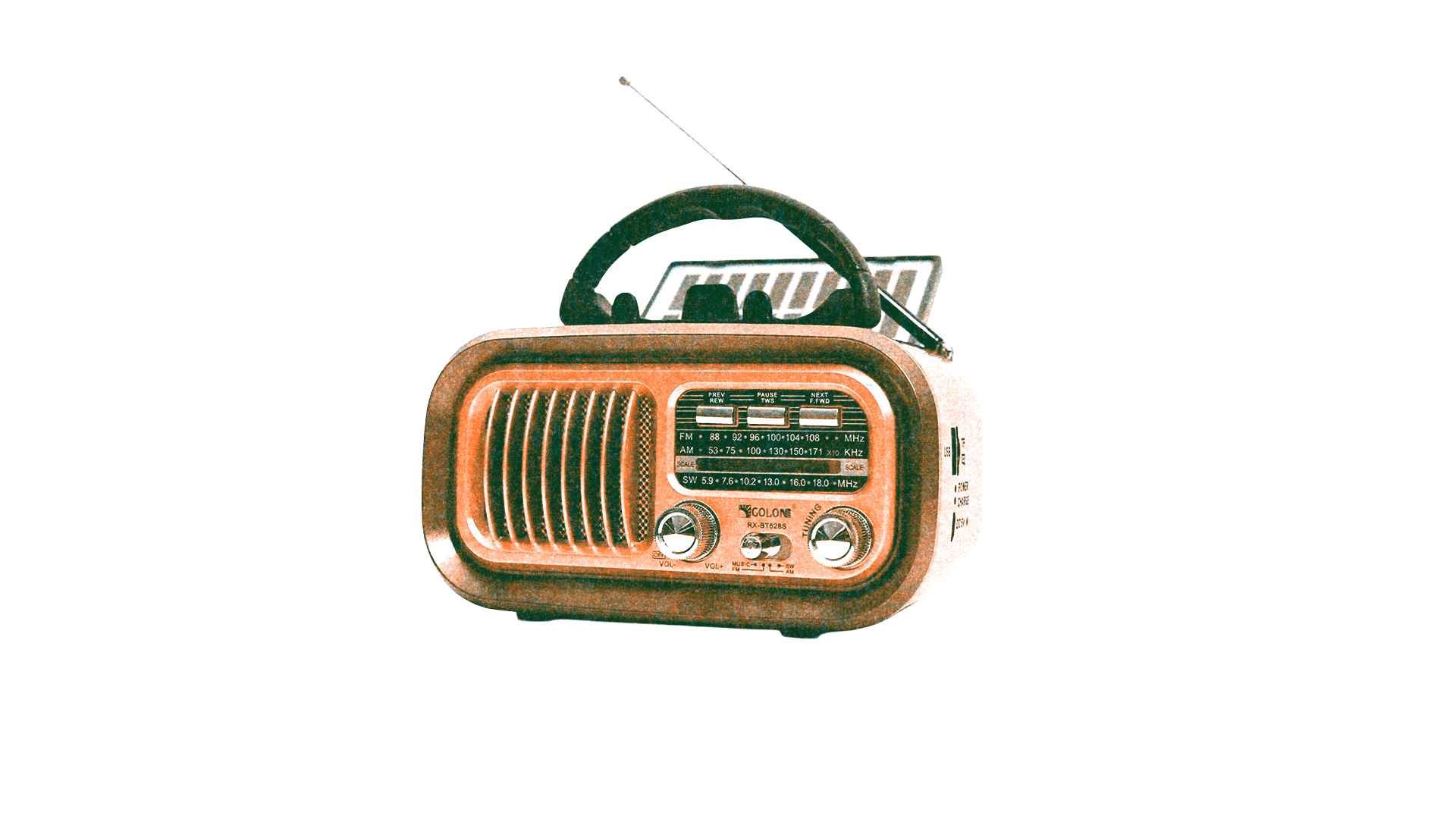 Risograph of a vintage portable radio with an antenna on top, featuring a large speaker grill, tuning dial, and frequency display.