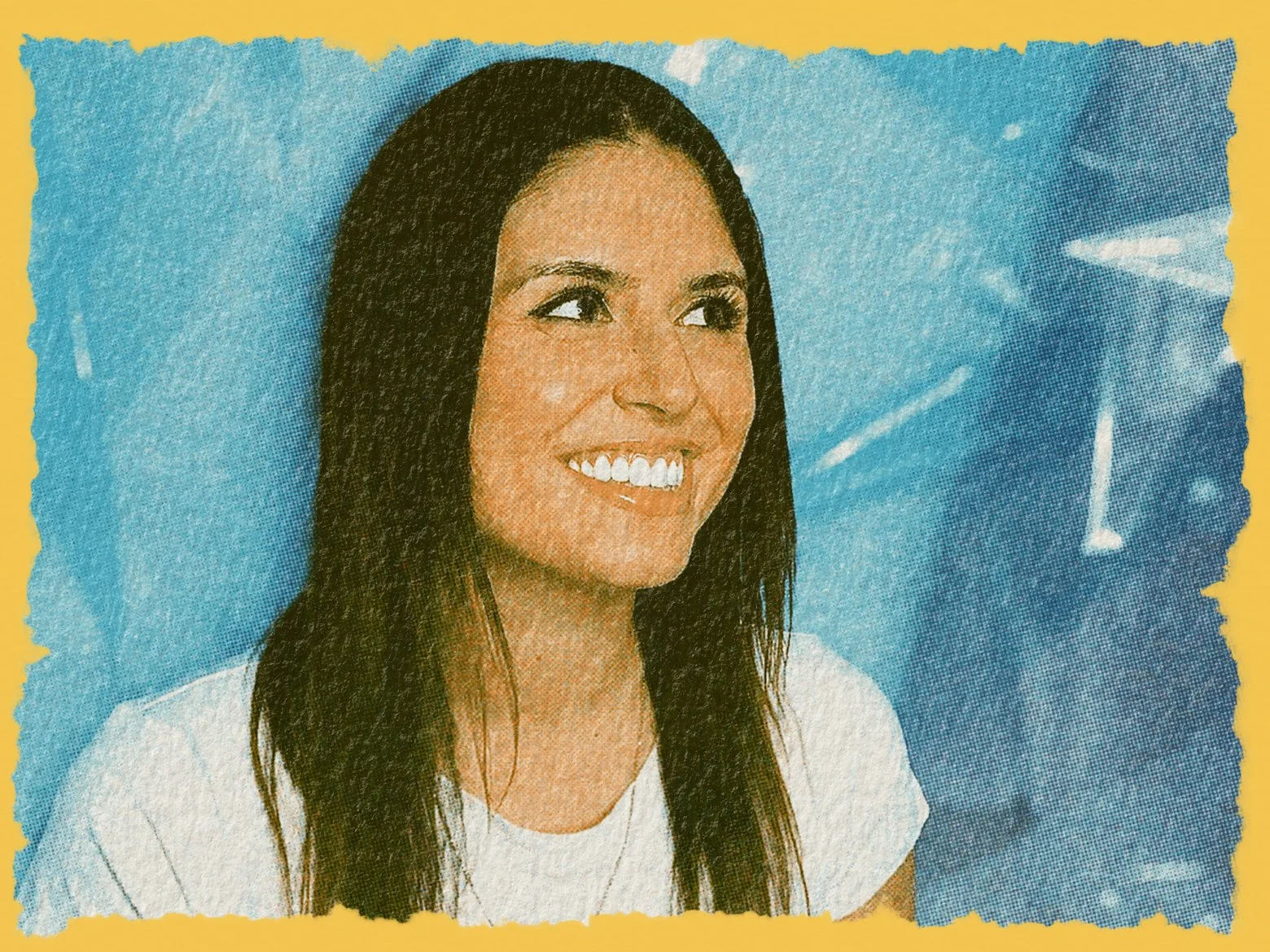 A smiling woman with long dark hair against a blue background.