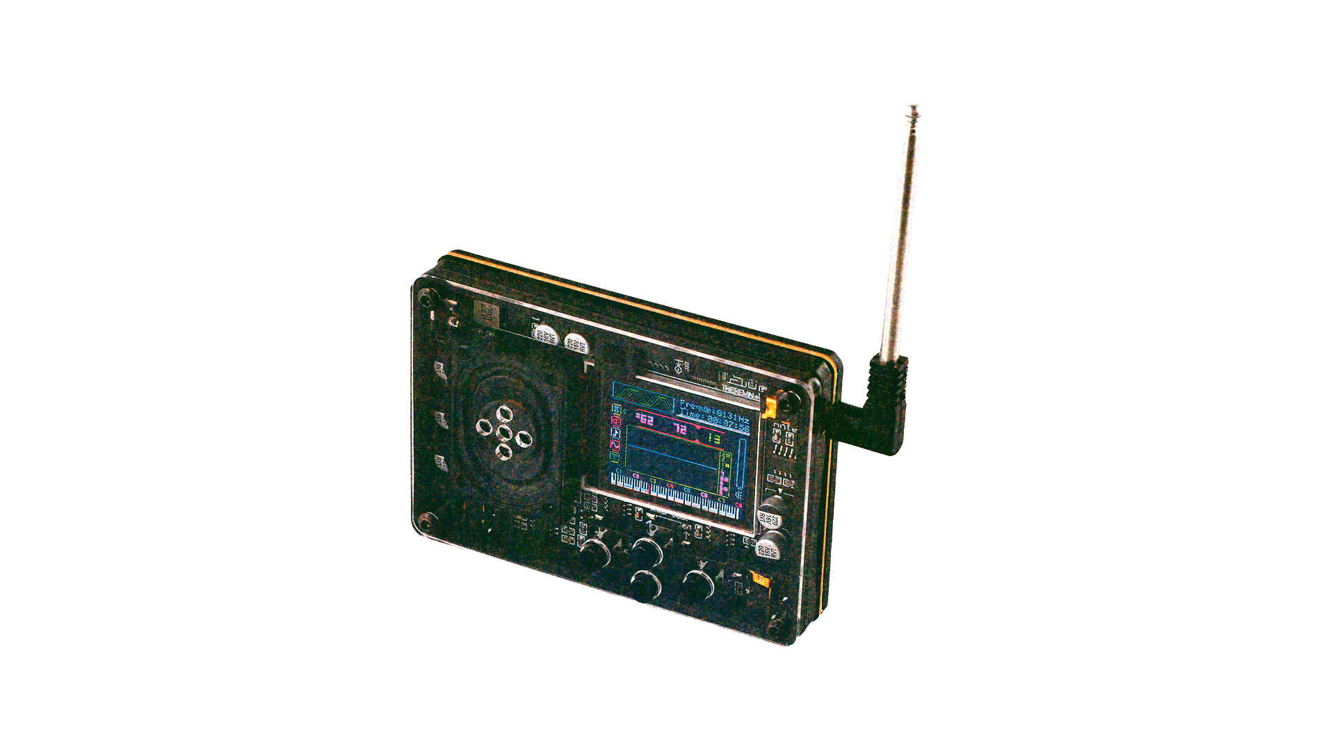 Risograph of a portable digital radio with an extended antenna, a small digital screen displaying frequency and settings, and buttons and knobs for controls, set against a white background.