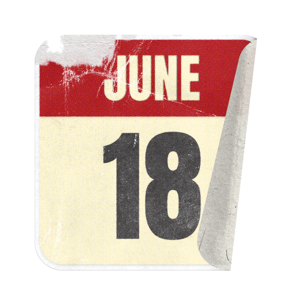 A sticker of a calendar date, marked June 18.
