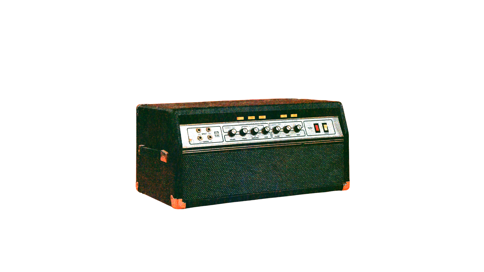 Risograph of a vintage black portable guitar amplifier with control knobs and input jacks.
