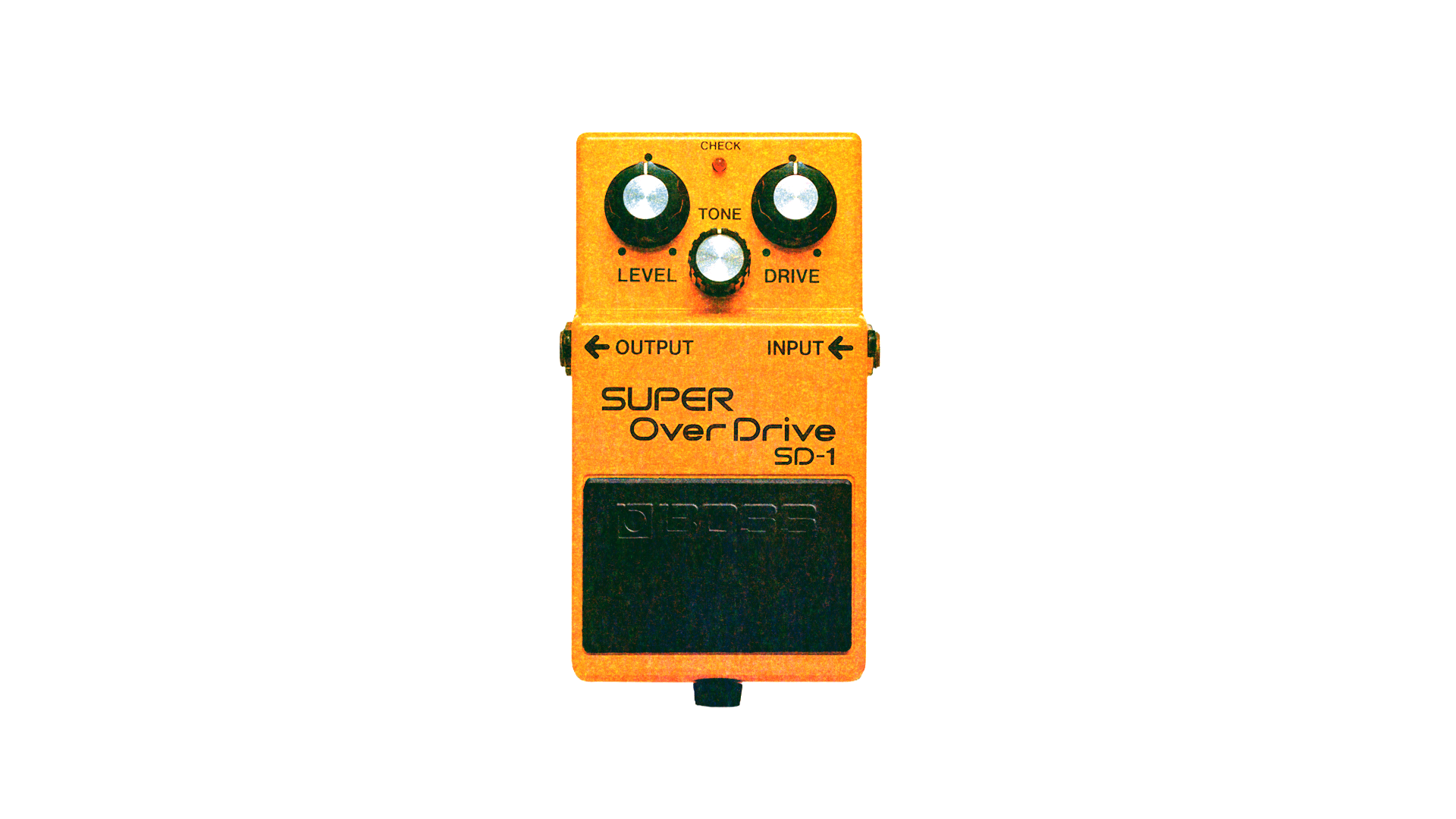 Risograph of an orange guitar effects pedal labeled 'Super Over Drive SD-1' with three control knobs labeled 'Check,' 'Tone,' and 'Level,' and input/output jacks on the sides.