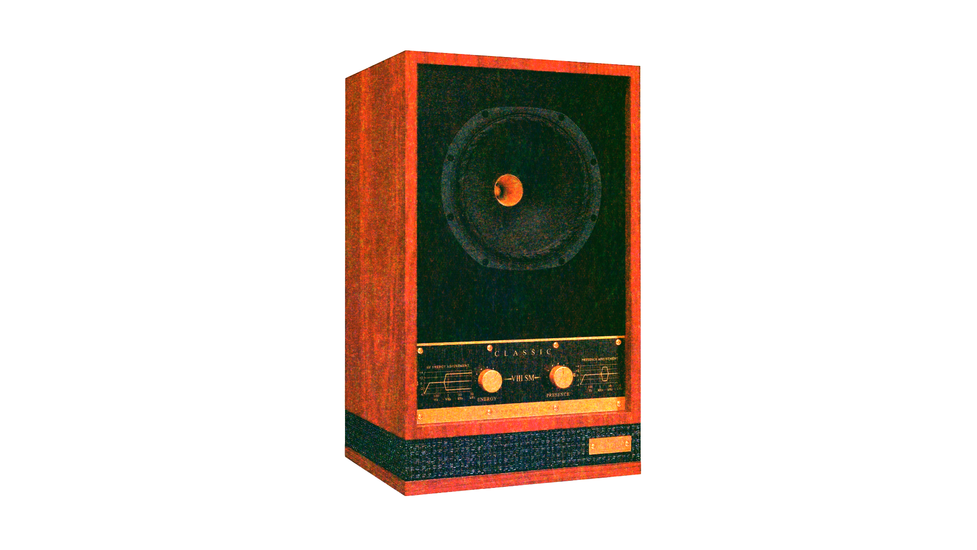Risograph of a vintage wooden audio speaker with control knobs and meters on the front panel.