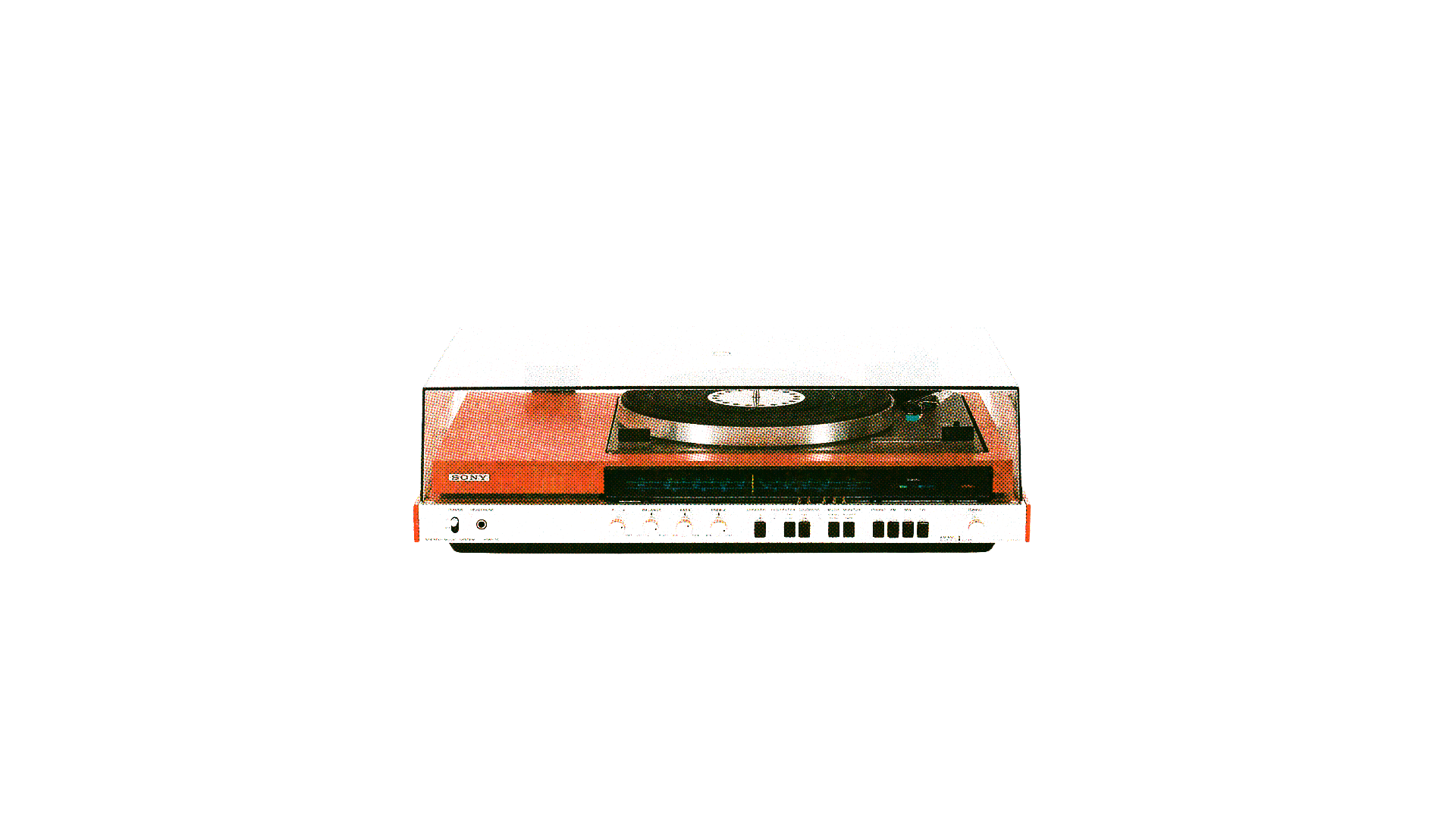 Risograph of a vintage Sony record player with a black turntable and orange and white body.