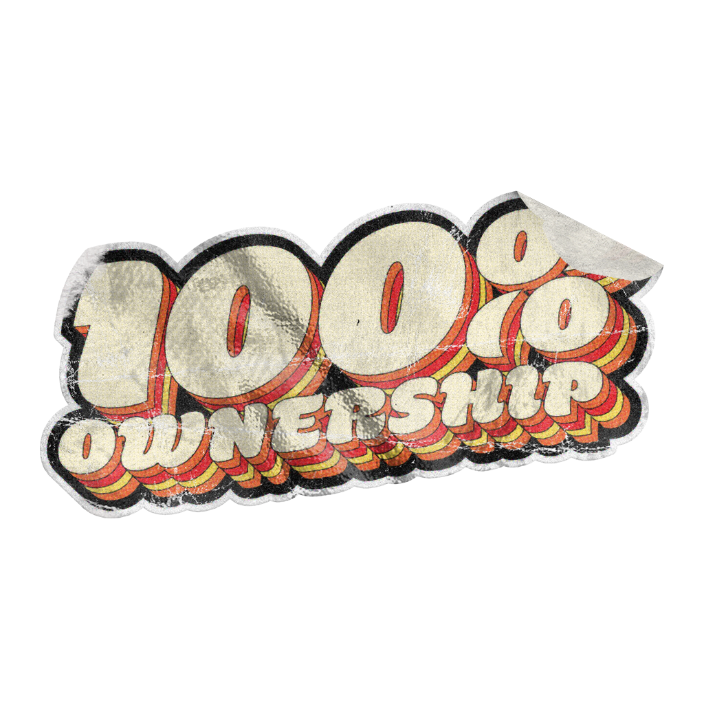 A sticker with the text '100% OWNERSHIP' in bold, colorful, bubble-style letters.