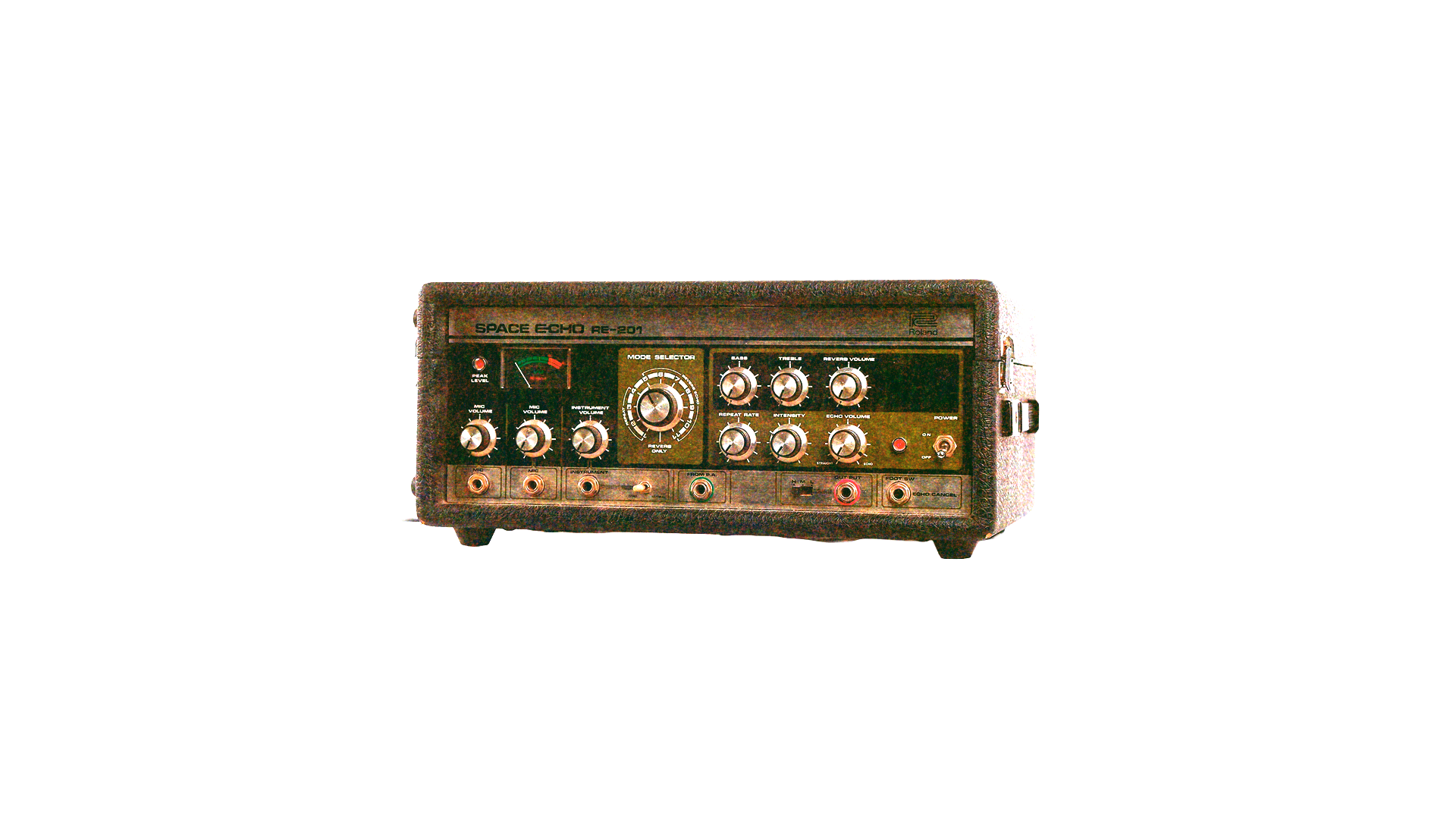 Risograph of a vintage ghost echo audio input with various knobs and switches on the front panel.