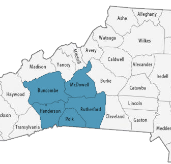 North Carolina county map with serviced counties highlighted