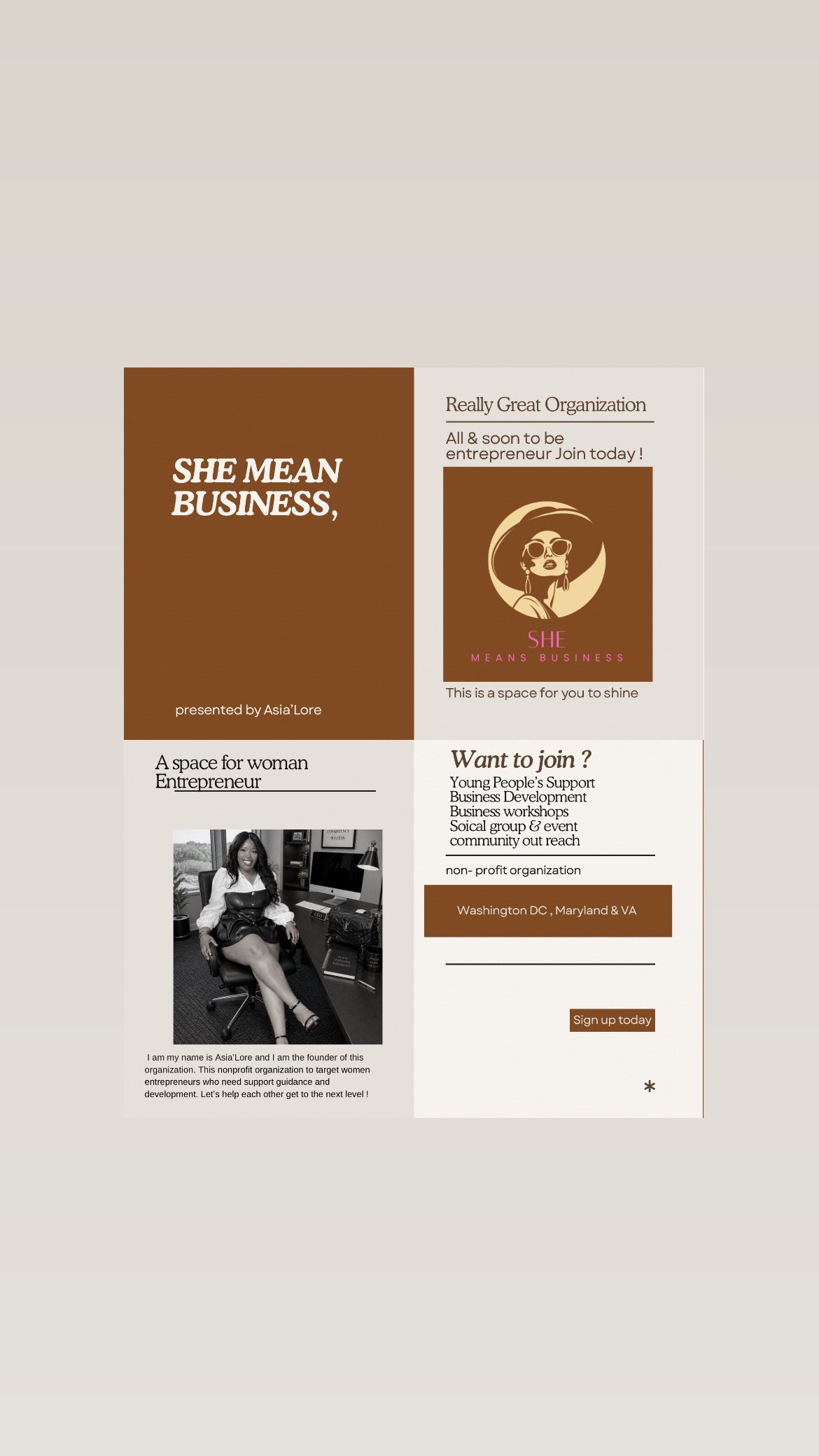 A flyer for a women's entrepreneurship organization called 'She Mean Business' featuring a woman's photo, organization details, and a call to action to sign up.