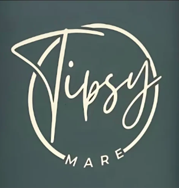 Logo with the words "Tipsy Mare" in a handwritten style, encased in a circular outline.