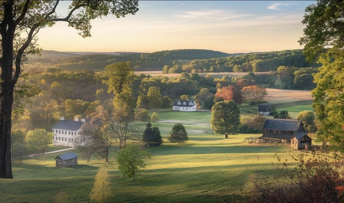 Scenic countryside with rolling hills, scattered trees, and farmhouse buildings at sunset.