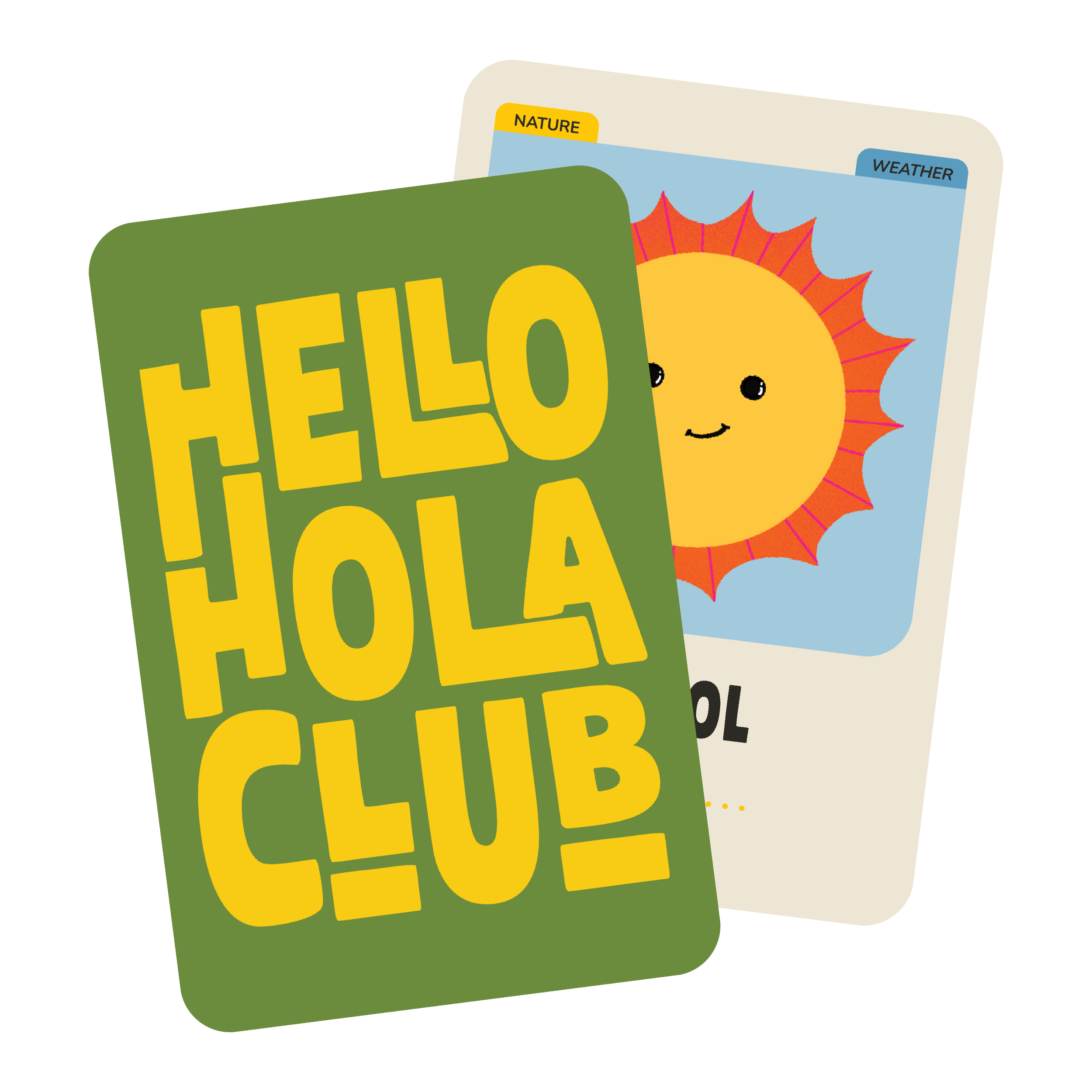 Colorful children's book cover with a smiling sun and the words "HELLO HOLIDAY" in bold yellow letters on a green background.