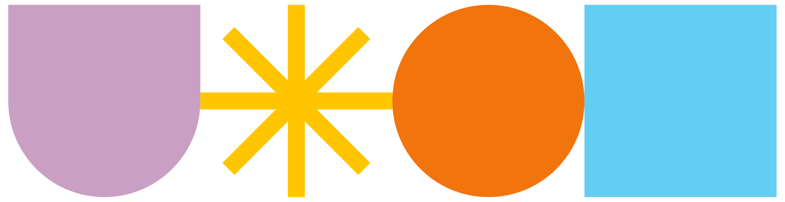 Colorful abstract design with purple semicircle, yellow star-like shape, orange circle, and blue square.