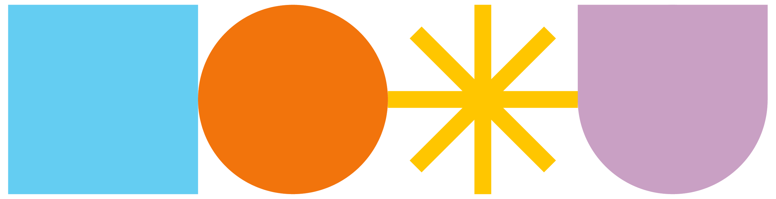Colorful geometric shapes including a blue square, an orange circle, a yellow starburst, and a purple semicircle arranged in a row.