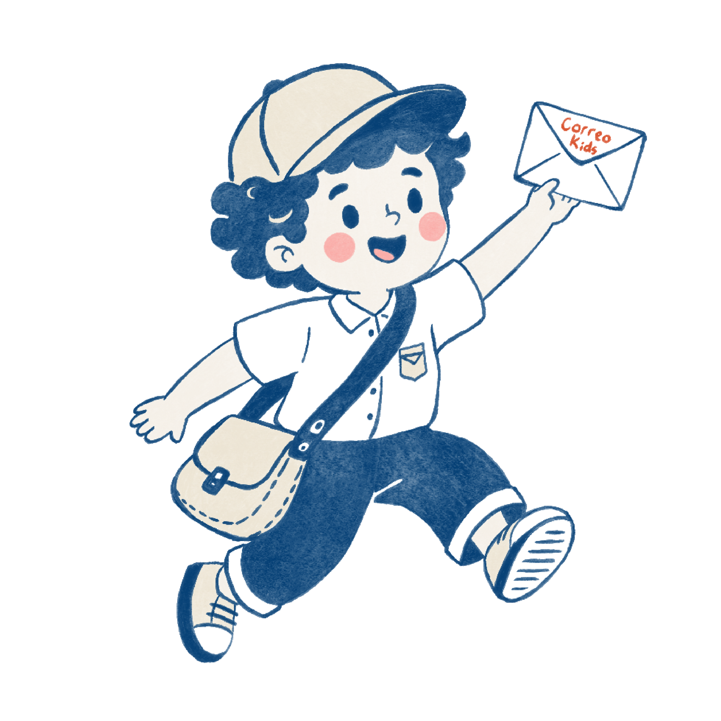 A cartoon girl wearing a school uniform with a white shirt and blue skirt, holding an envelope labeled 'Correo Kids' and smiling while running.