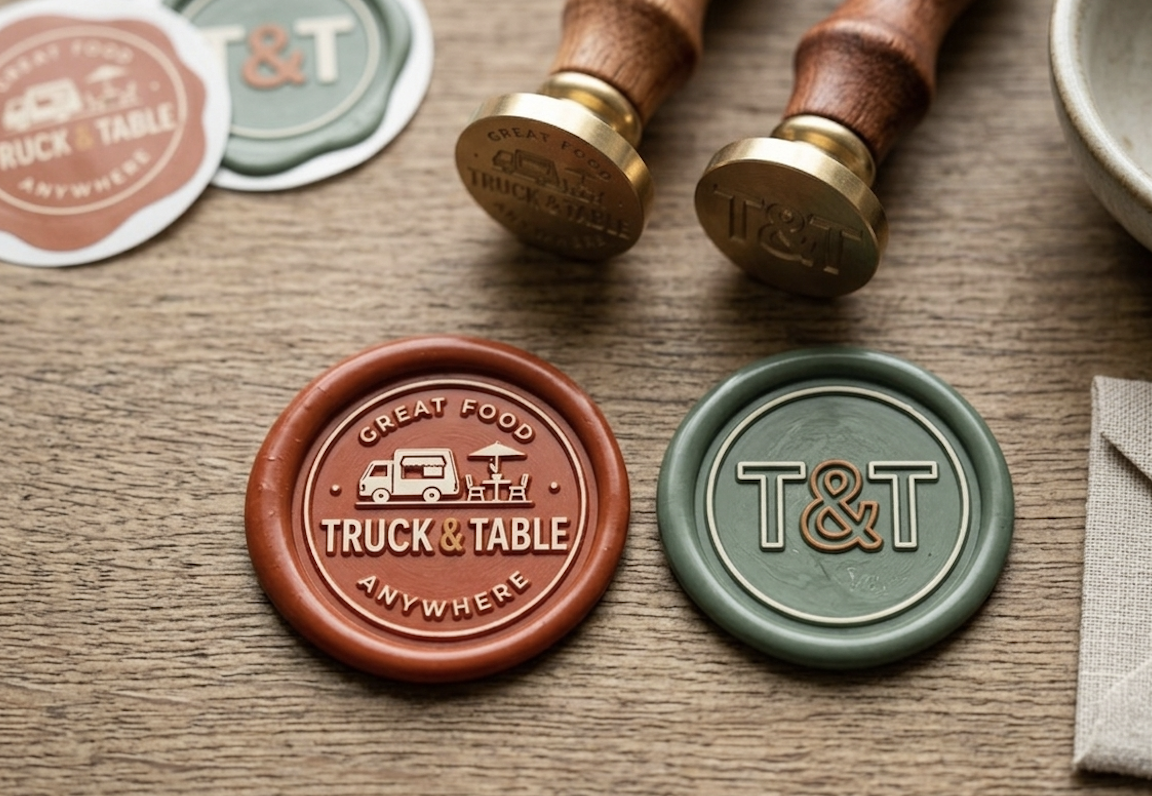 Set of decorative wax seals and stamps with logos and text related to food trucks and a restaurant theme on a wooden surface.