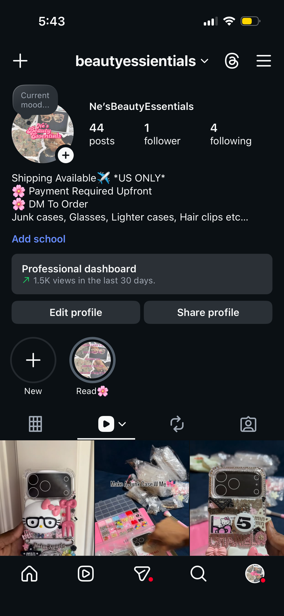 Screenshot of a social media profile for Ne'sBeautyEssentials with 44 posts, one follower, and four accounts followed, showing photos of phone cases decorated with various charms and accessories.