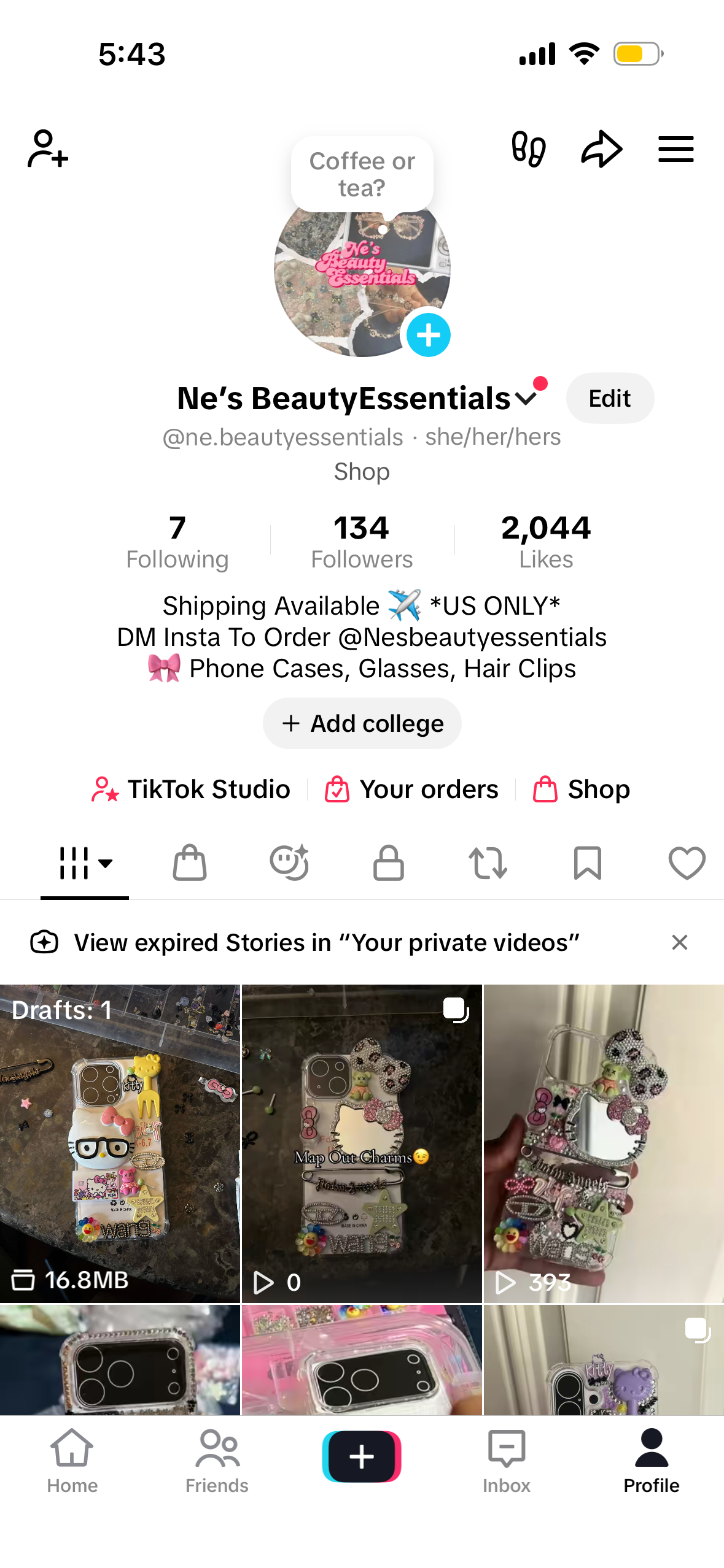 Profile page of 'Ne's Beauty Essentials' shop on social media, showcasing custom decorated phone cases and accessories with charms and embellishments.