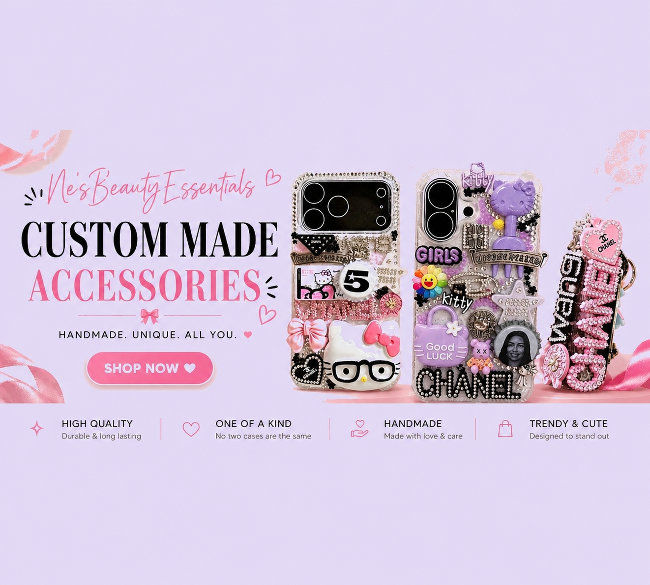 Advertisement for custom handmade phone accessories featuring decorated phone cases with stickers, charms, and embellishments on a pink background. Includes text highlighting high quality, unique designs, and trendy, cute styles, with a call to action button saying "Shop Now".