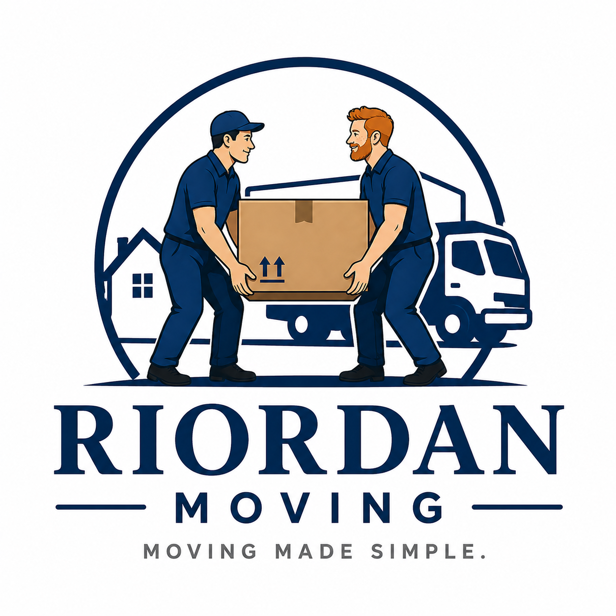 Two movers lifting a cardboard box in front of a moving truck, with a house and trees in the background, and the text 'RIORDAN MOVING' and 'MOVING MADE SIMPLE' below.