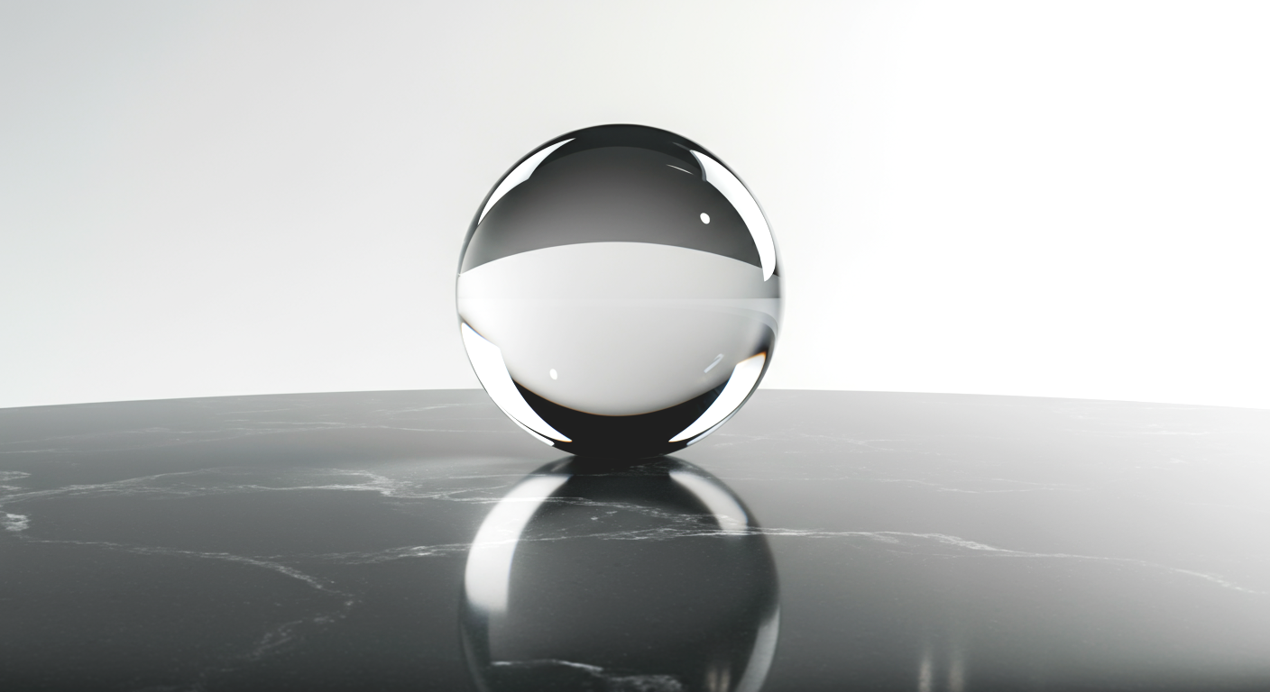 Close-up of a shiny, reflective metal sphere on a dark, textured surface with a white background.