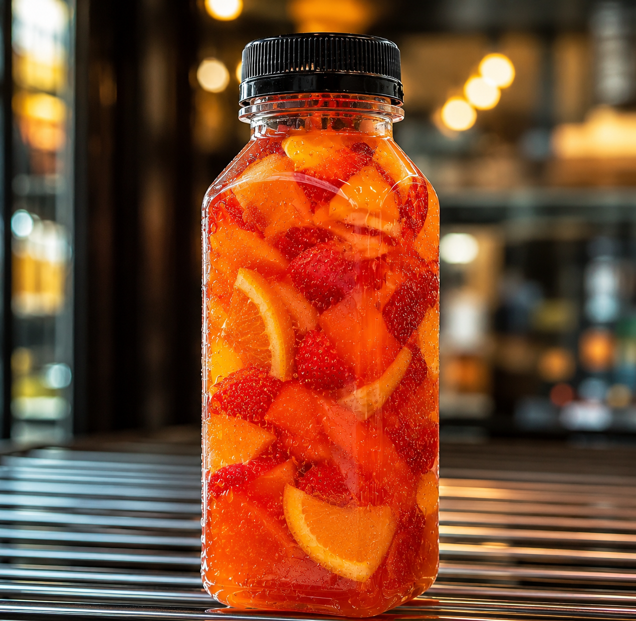 A clear plastic bottle filled with sliced oranges, strawberries, and peaches submerged in liquid, with a black cap, on a metallic surface with a blurred background of warm lights.