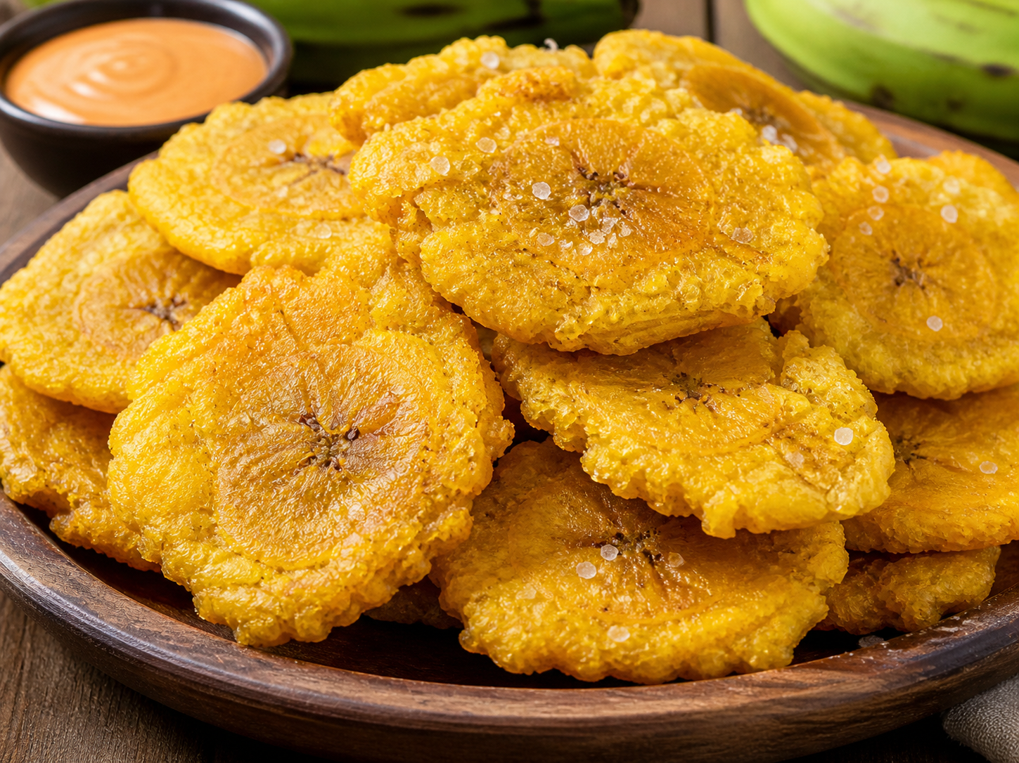 A wooden plate filled with fried plantains sprinkled with salt, accompanied by a small bowl of dipping sauce in the background.