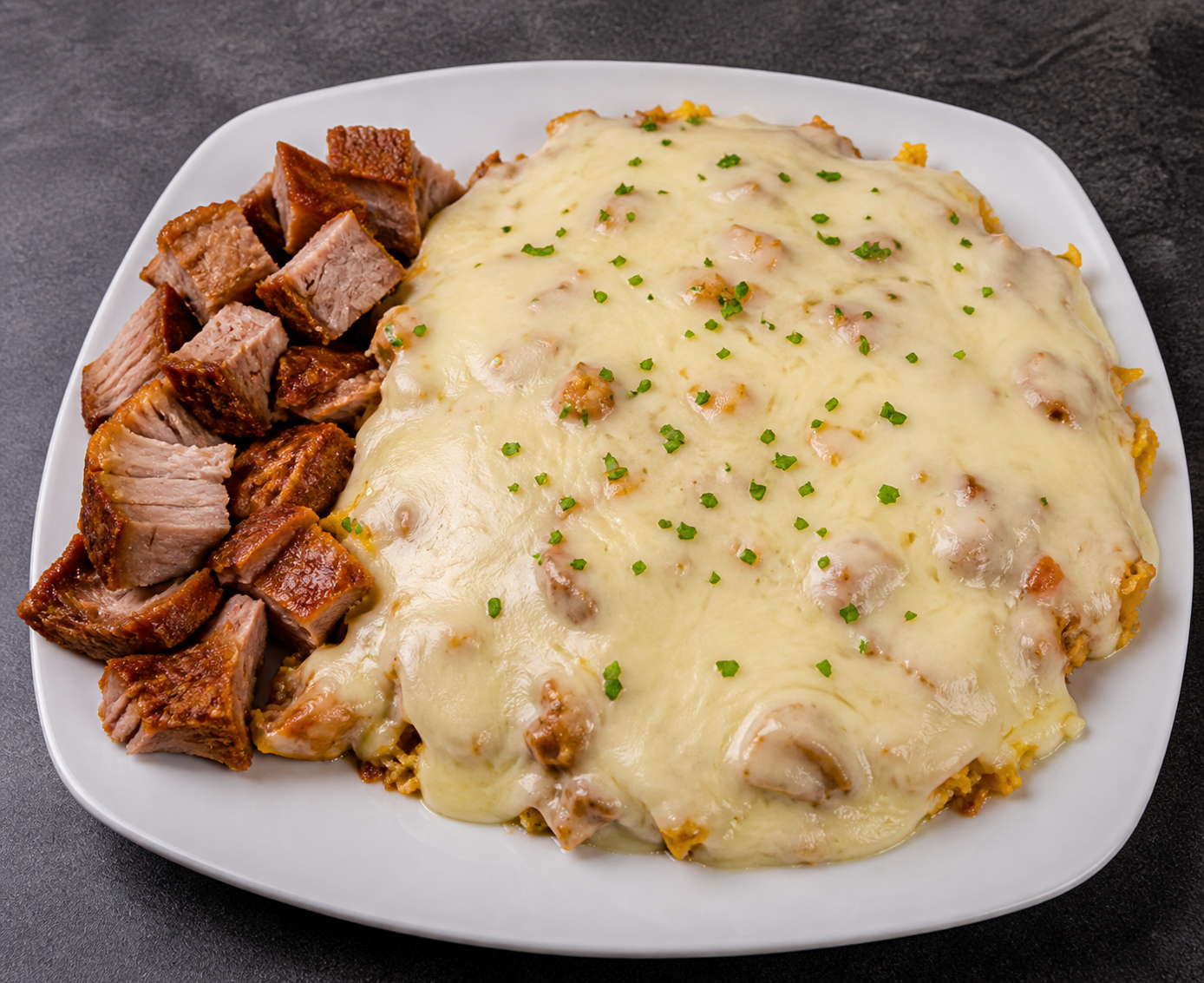 A white plate with slices of cooked beef brisket and a serving of baked baked cheesy casserole topped with chopped green herbs.
