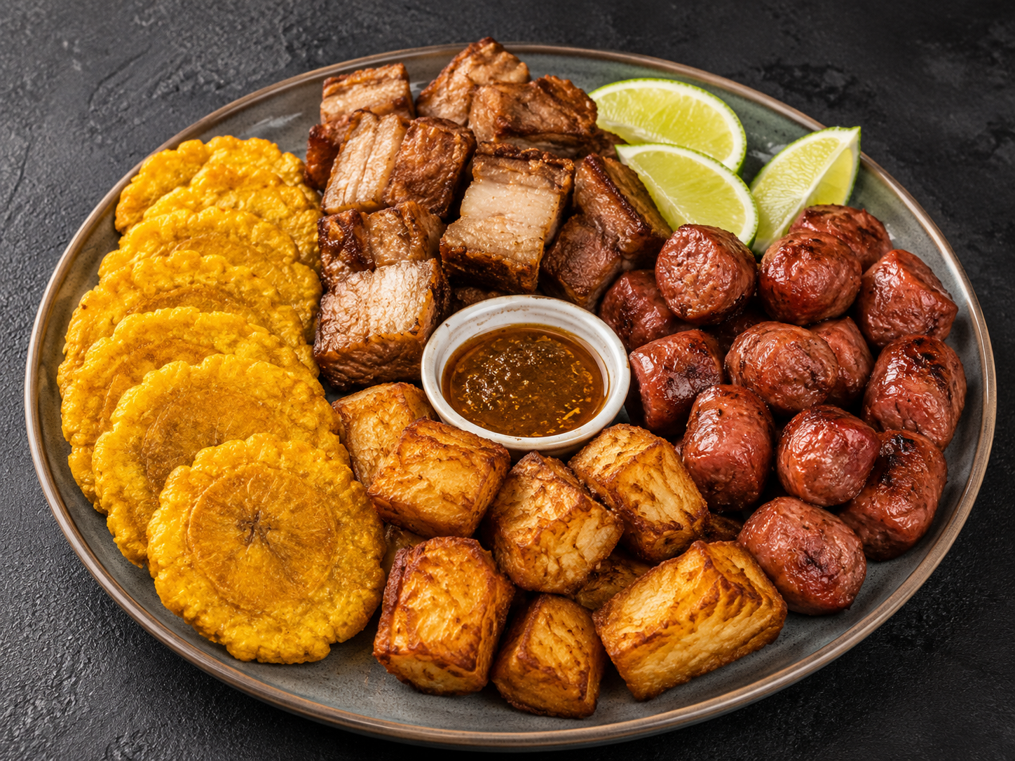 A platter of assorted Caribbean-style dishes including fried plantains, Fried Cheese, pork belly,  Longaniza garnished with lime wedges and a small bowl of dipping sauce.