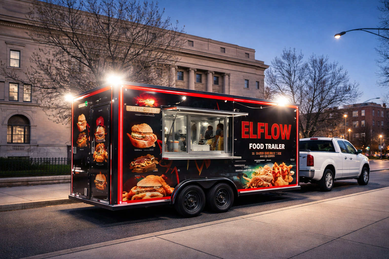 A black food trailer named 'ELFLOW Food Trailer' parked on a city street at dusk, with images of burgers and fried foods on its exterior. The trailer has a service window with people inside, and is attached to a white pickup truck.