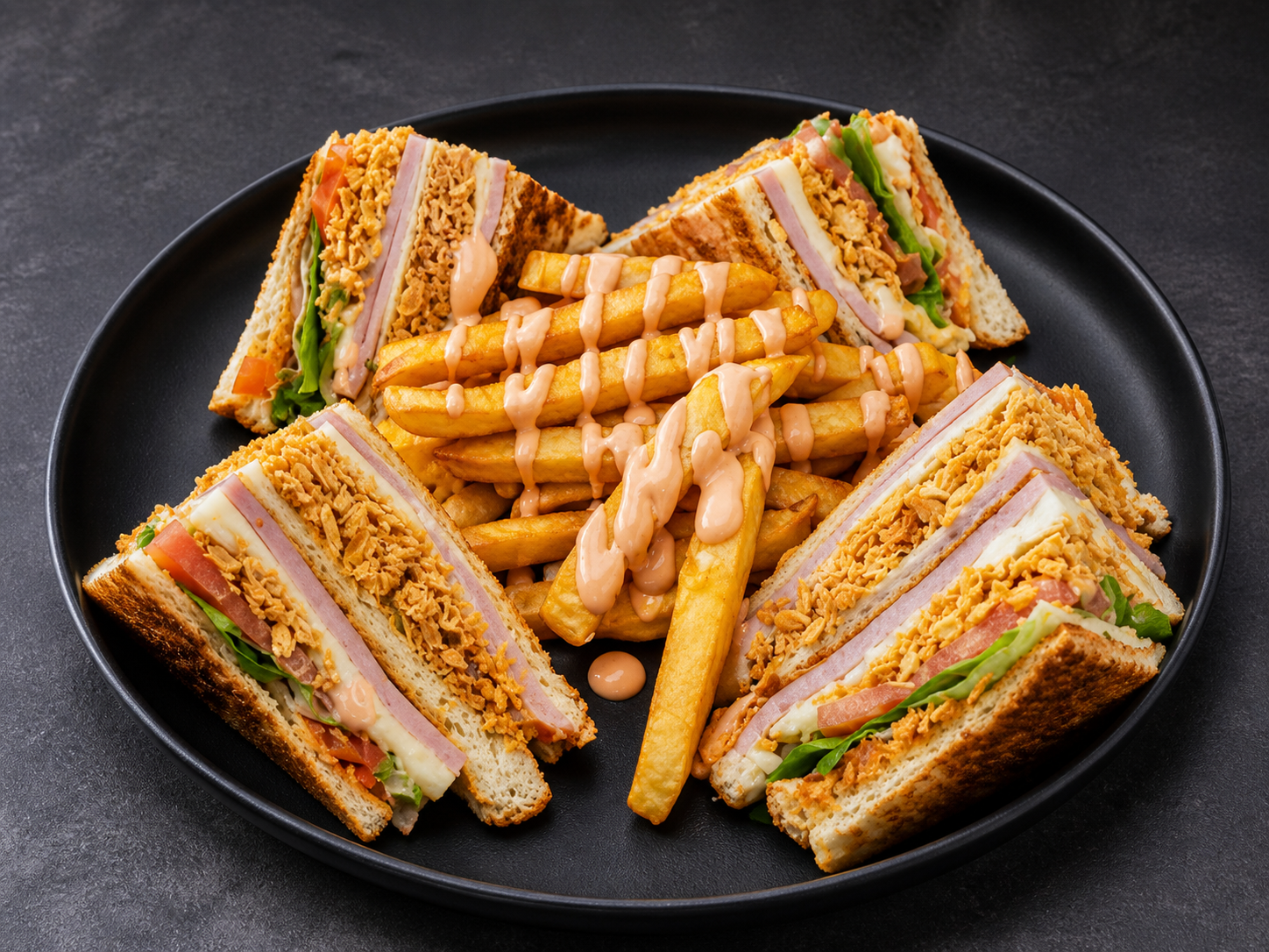 Club sandwiches with lettuce, tomato, turkey, ham, cheese, and crispy fried onions, served with French fries topped with pink dipping sauce.