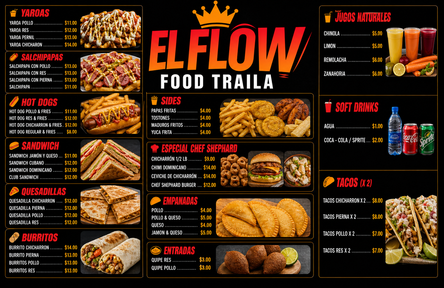 Menu featuring various food items with photos and prices. Categories include Yaroas, Salchipapas, Hot Dogs, Sandwiches, Quesadillas, Burritos, Natural Juices, Soft Drinks, Side Dishes, Special Chef, Empanadas, Entradas, and Tacos, all with small images and pricing.