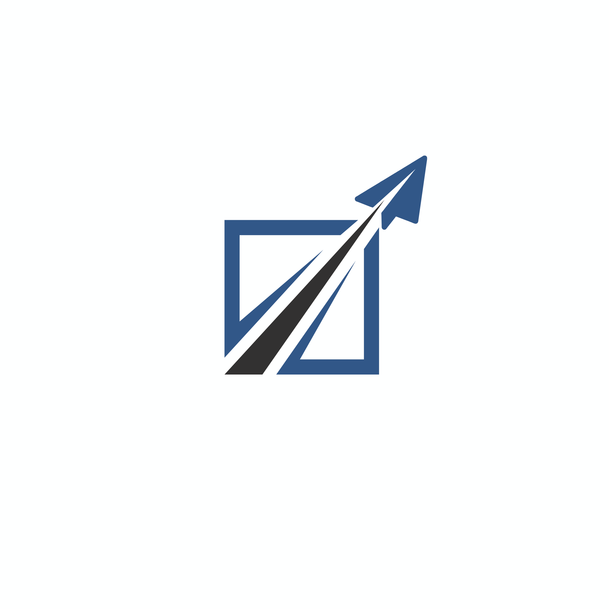 Creatives Way LLC logo - A stylized blue and black paper airplane flying above a blue outline of a square.