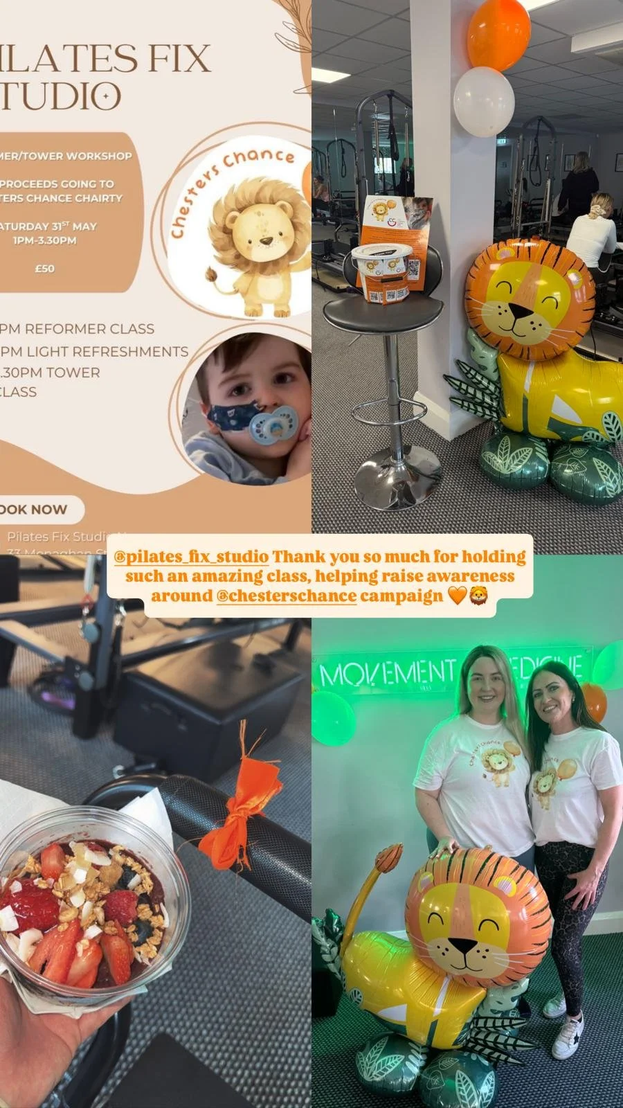A collage of four images showing a Pilates studio event supporting Chester's Chance charity. The first image is a flyer with event details featuring a lion and a boy with a pacifier. The second image shows balloons, a branded table, and gym equipment