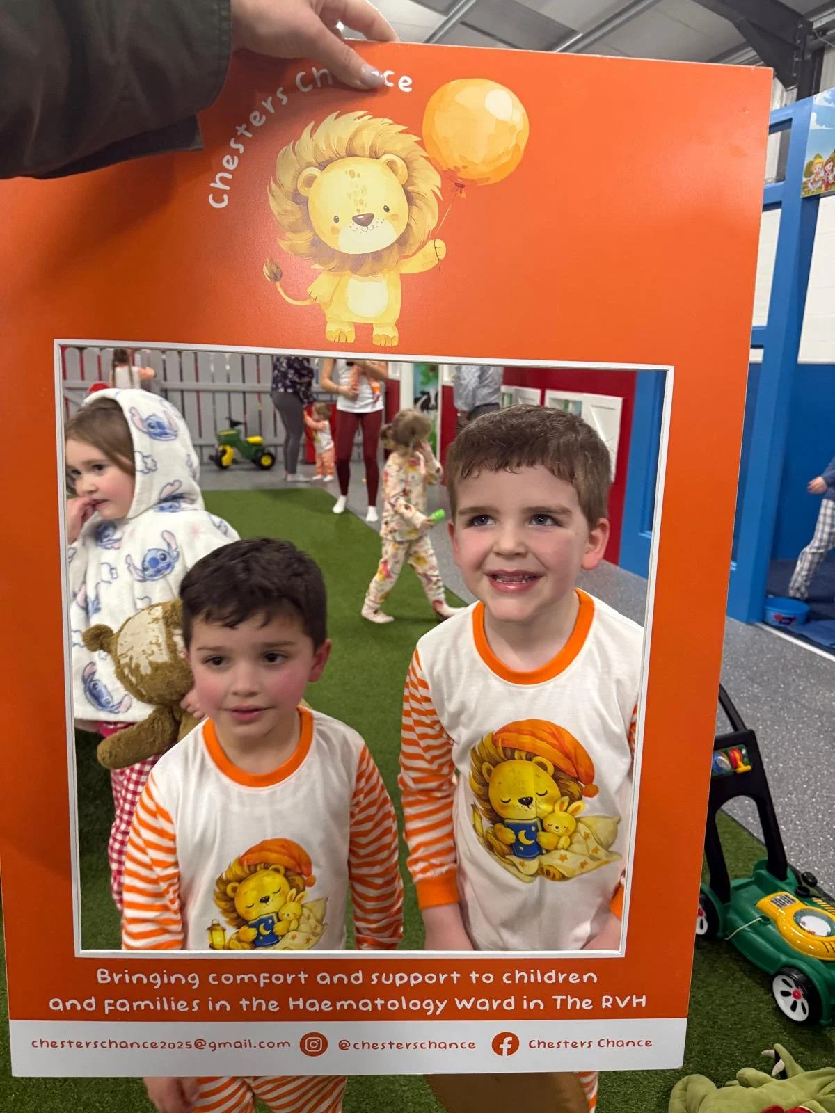 Two young boys standing behind a large orange sign at a children's event, wearing matching shirts with lion and teddy bear illustrations. The sign features a cartoon lion holding a balloon and the text about supporting children in the Hematology ward