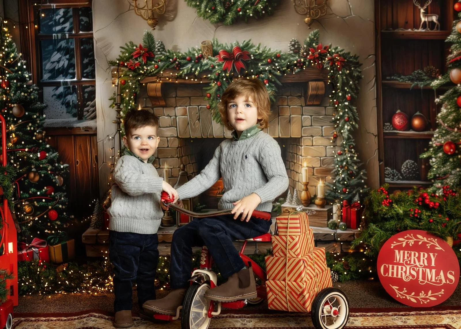 Two young boys in sweaters and jeans in front of a decorated Christmas fireplace with garlands, ornaments, and lights. One boy is sitting on a tricycle, the other standing beside, holding hands and smiling. Christmas presents and a red sign saying 'Merry Christmas' are on the floor.