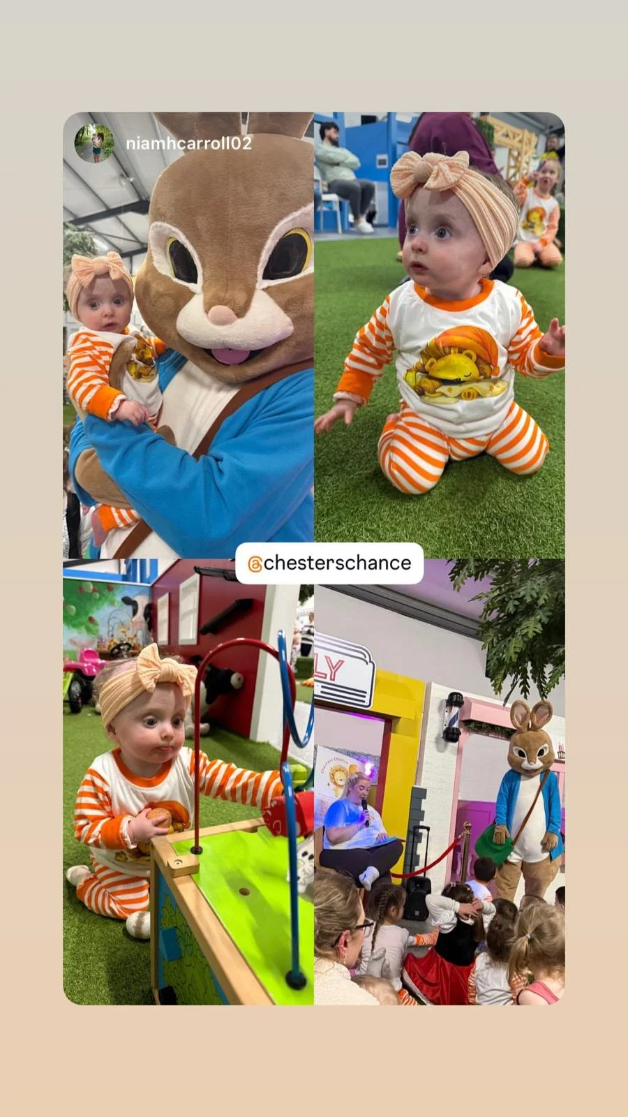 Four photos from a children's event featuring a girl in orange-striped pajamas and a headband, a person in a large bunny costume, and a bunny mascot. The photos include the girl with the bunny mascot, the girl playing a game, the girl sitting while h