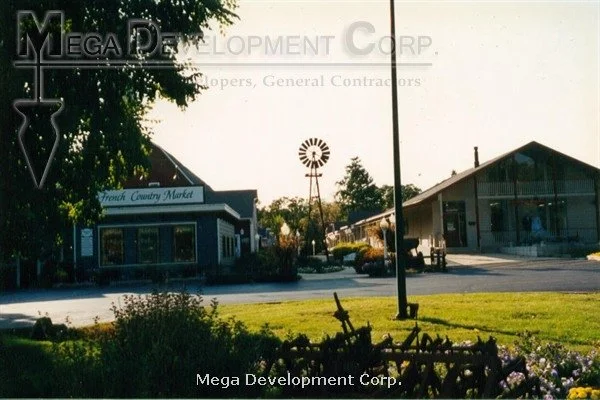 A small shopping area with a market and a building, in front of a grassy area with plants, with sunlight in the background.