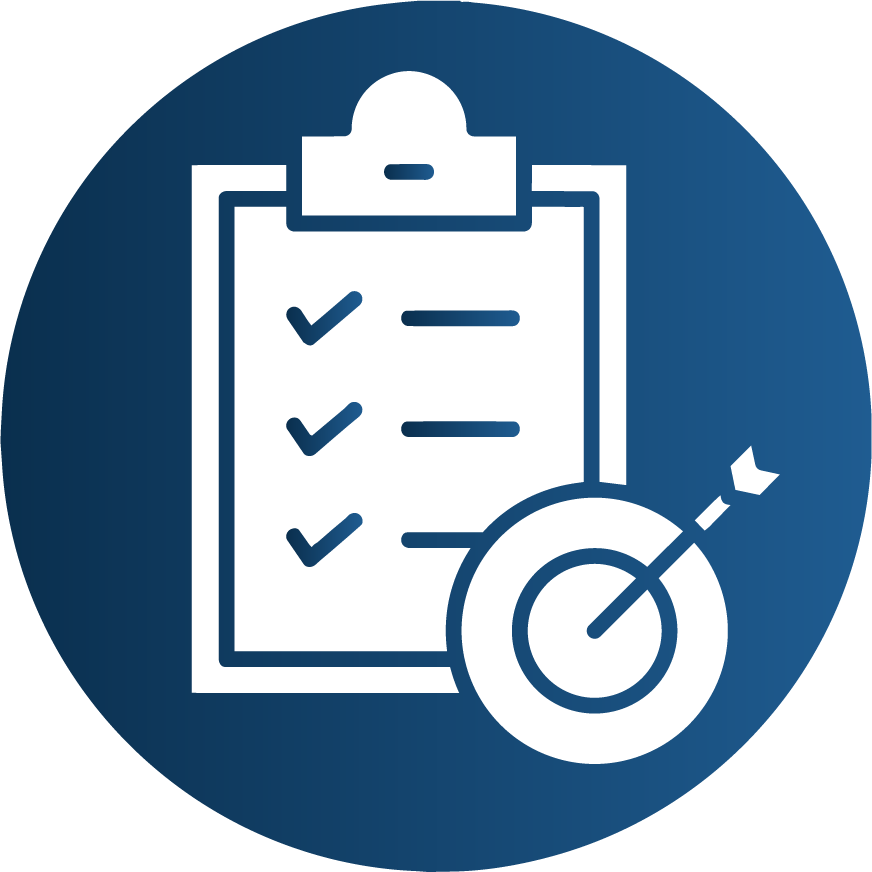 A blue icon with a checklist on a clipboard and a target with an arrow in the center