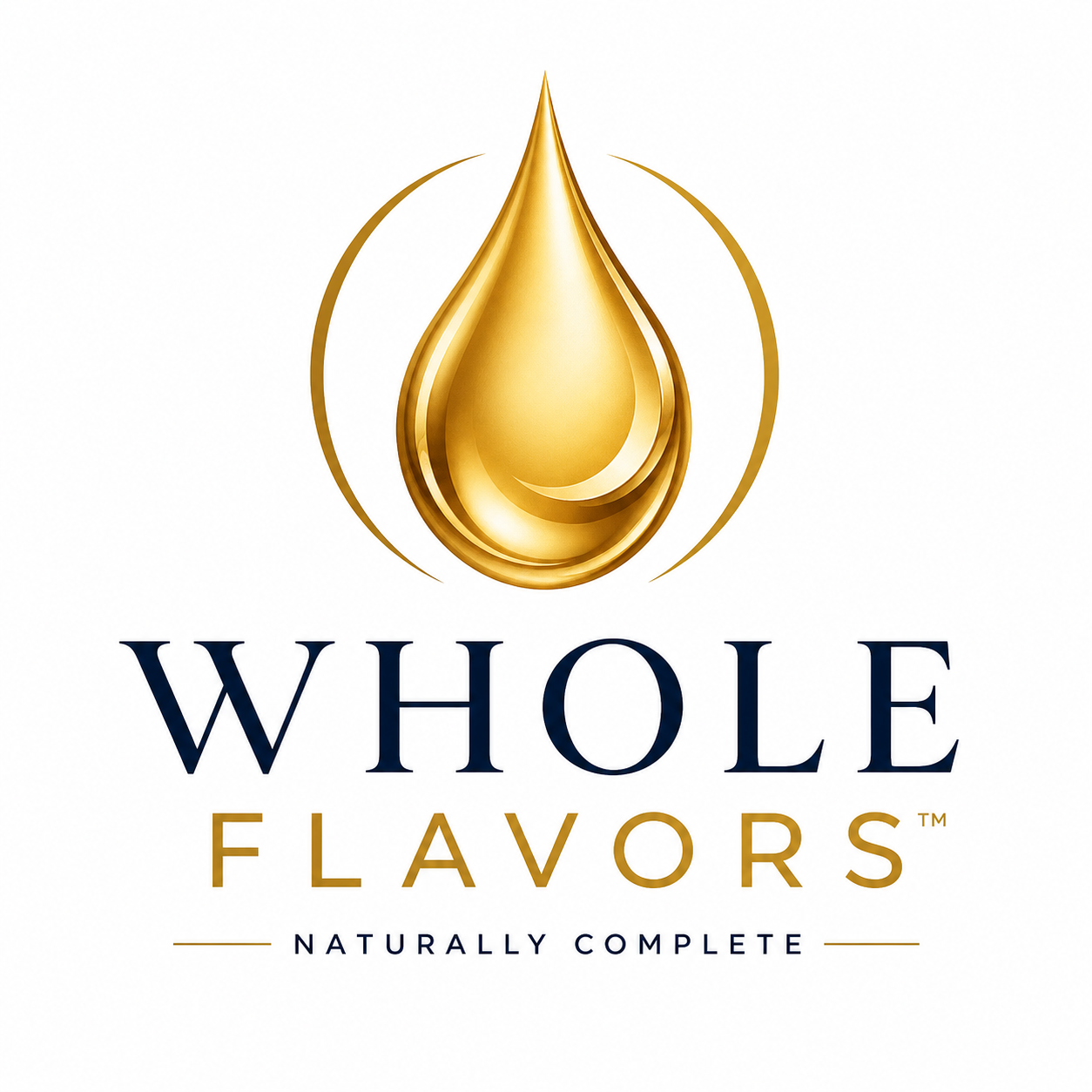 Logo for Whole Flavors featuring a gold, stylized droplet design above the text 'WHOLE FLAVORS' with the tagline 'NATURALLY COMPLETE'.