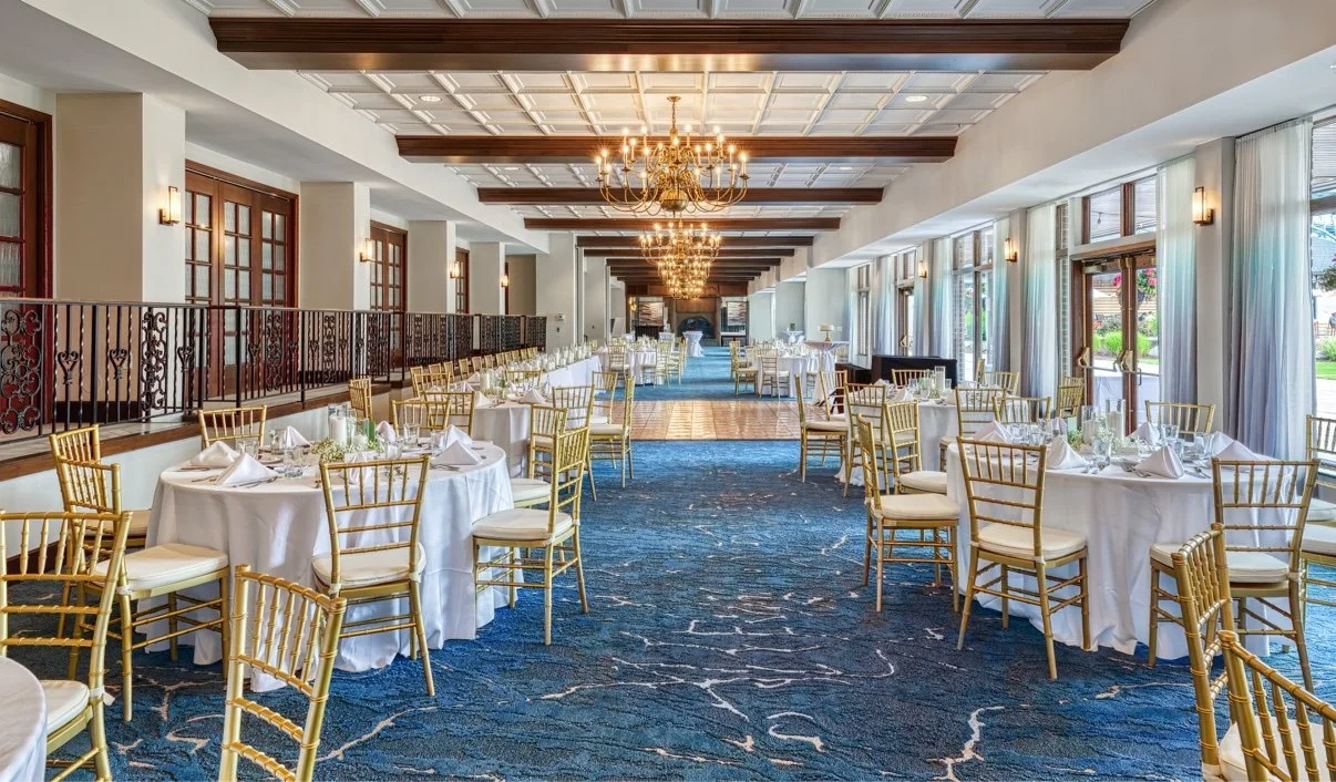 Long view of the DoubleTree Port Huron ballroom set for a wedding reception