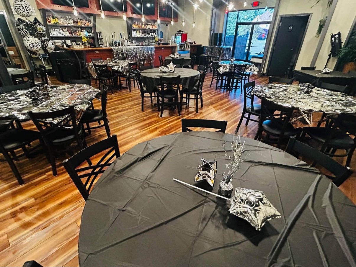Graduation party setup in the event room at Anchor Point Bistro.