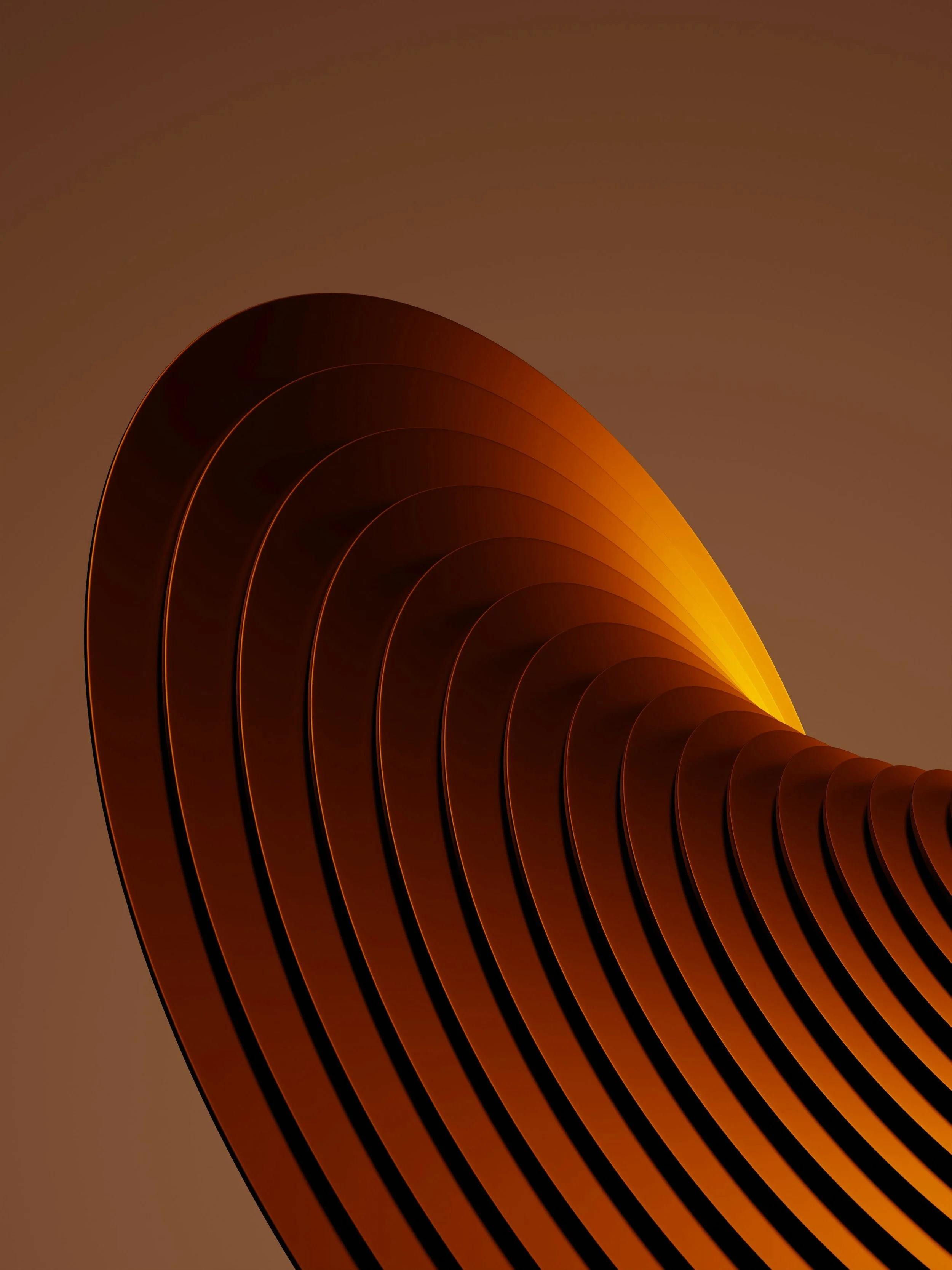 Abstract digital artwork with a gradient background and curved, layered shapes in shades of orange, yellow, and dark brown.