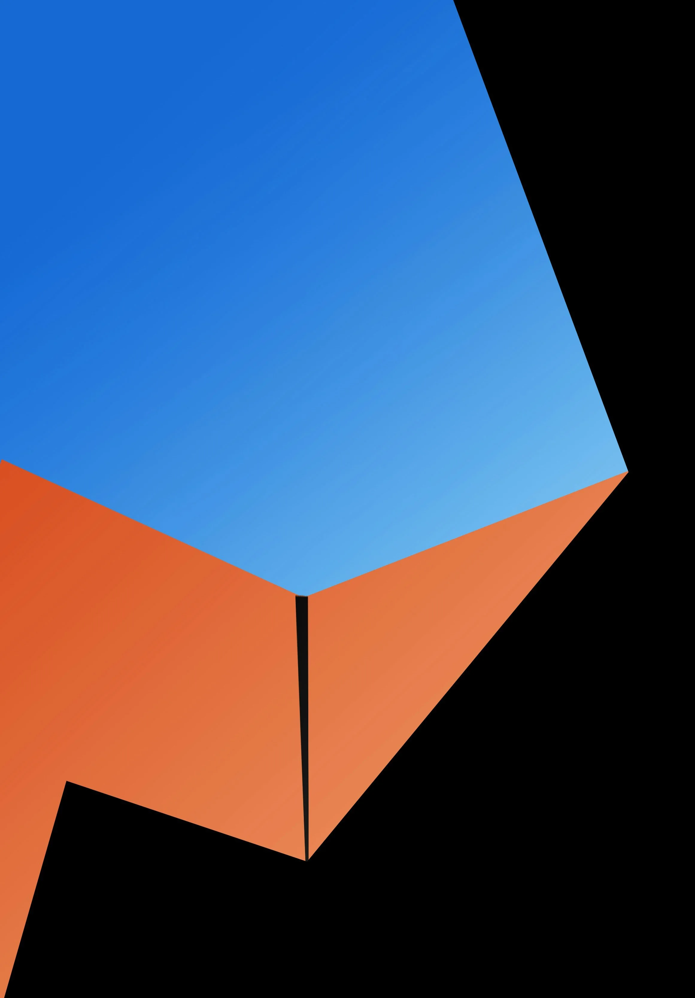 Colorful abstract geometric shape with blue, orange, and black facets.