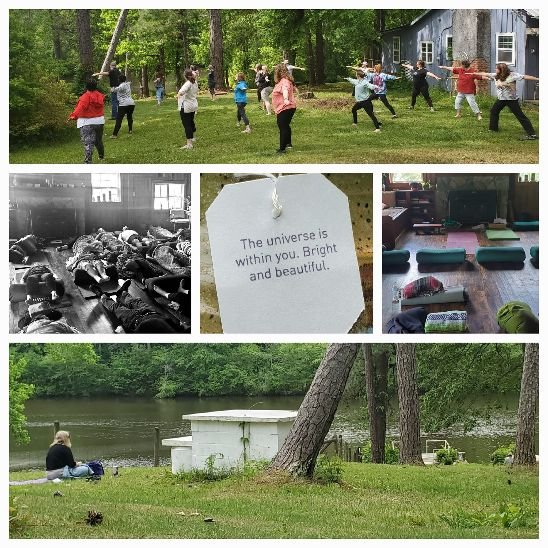 Collage of past Center for Mindful Exploration Silent Retreats, including outdoor yoga, indoor meditation, and quiet reflection by the water.