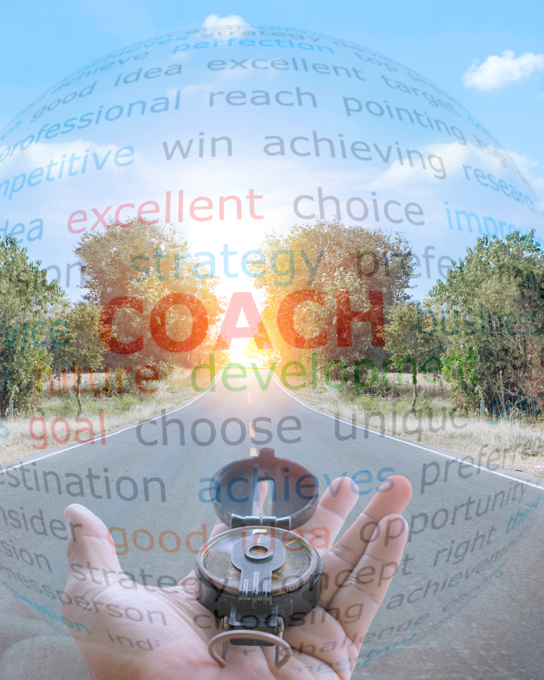 Person holding a compass on an open road during sunrise with overlaid words related to coaching, strategy, achievement, and development.