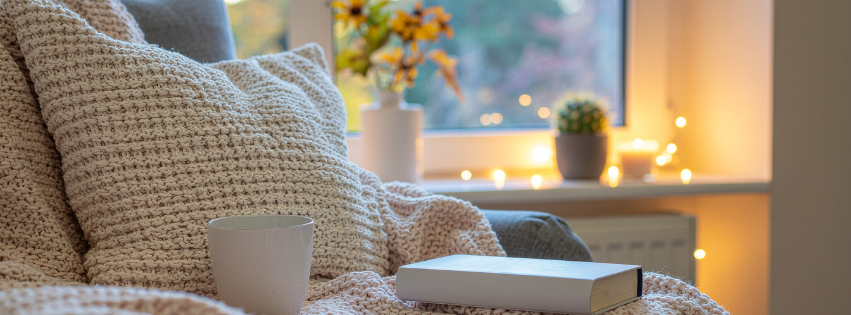 Cozy chair with a knitted blanket and pillows.